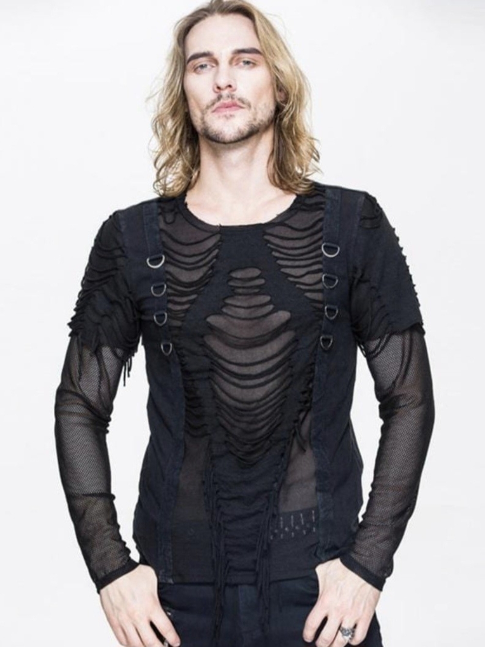 Devil Fashion Men's Black Distressed Mesh Gothic Top